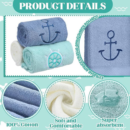 3 Pack Nautical Hand Towels for Bathroom 100% Cotton Embroidered Beach Bathroom