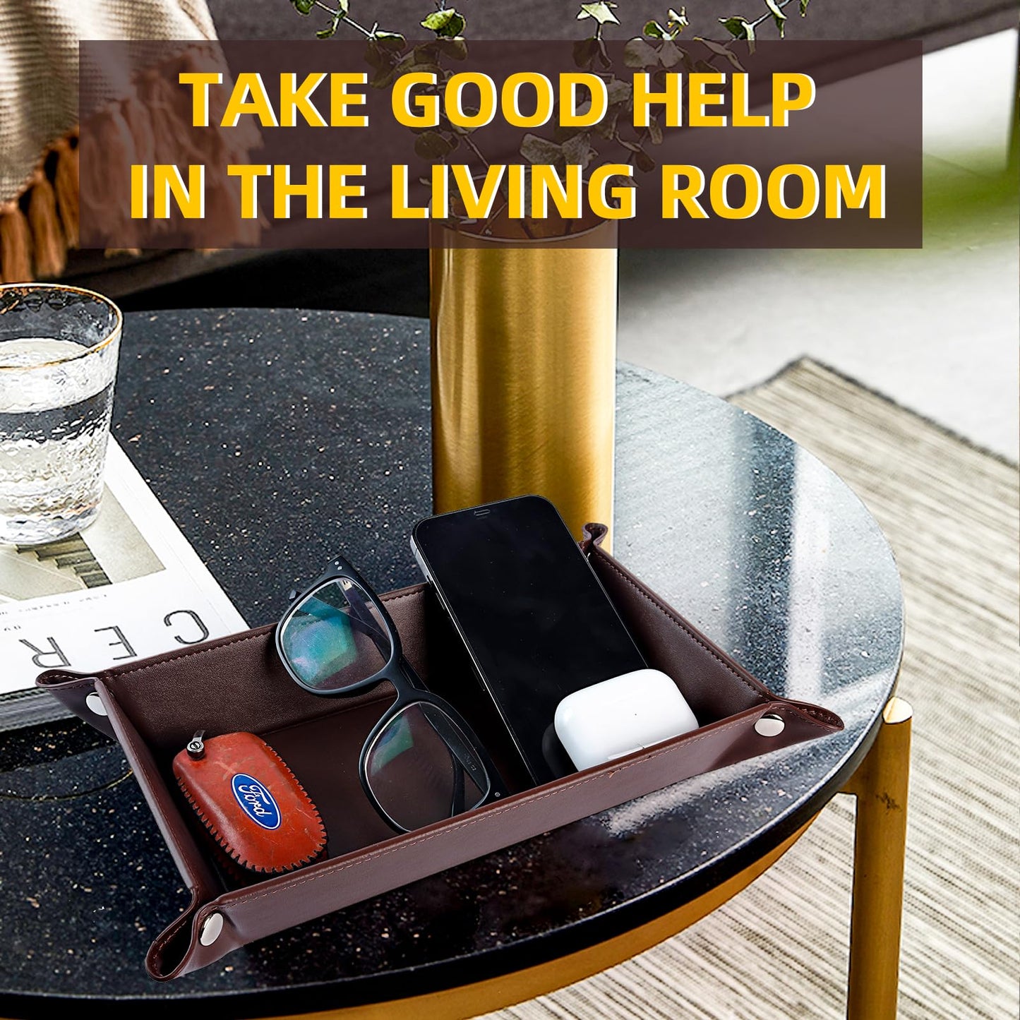 ABCHCHS Valet Tray for Men Women 2 Pack - PU Leather Travel Catchall Tray Organizer - Desk Bedside Nightstand Storage Box for Jewelry Key Phone Remote Controller Wallet Watch Glasses -Rectangle