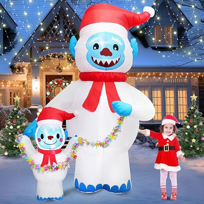 8FT Christmas Inflatables Yeti Family with Santa Hat, Christmas Blow up Yard Decoration Inflatable Snowman Monster Built-in 4 LED for Christmas Decorations Outdoor Indoor Xmas Gifts