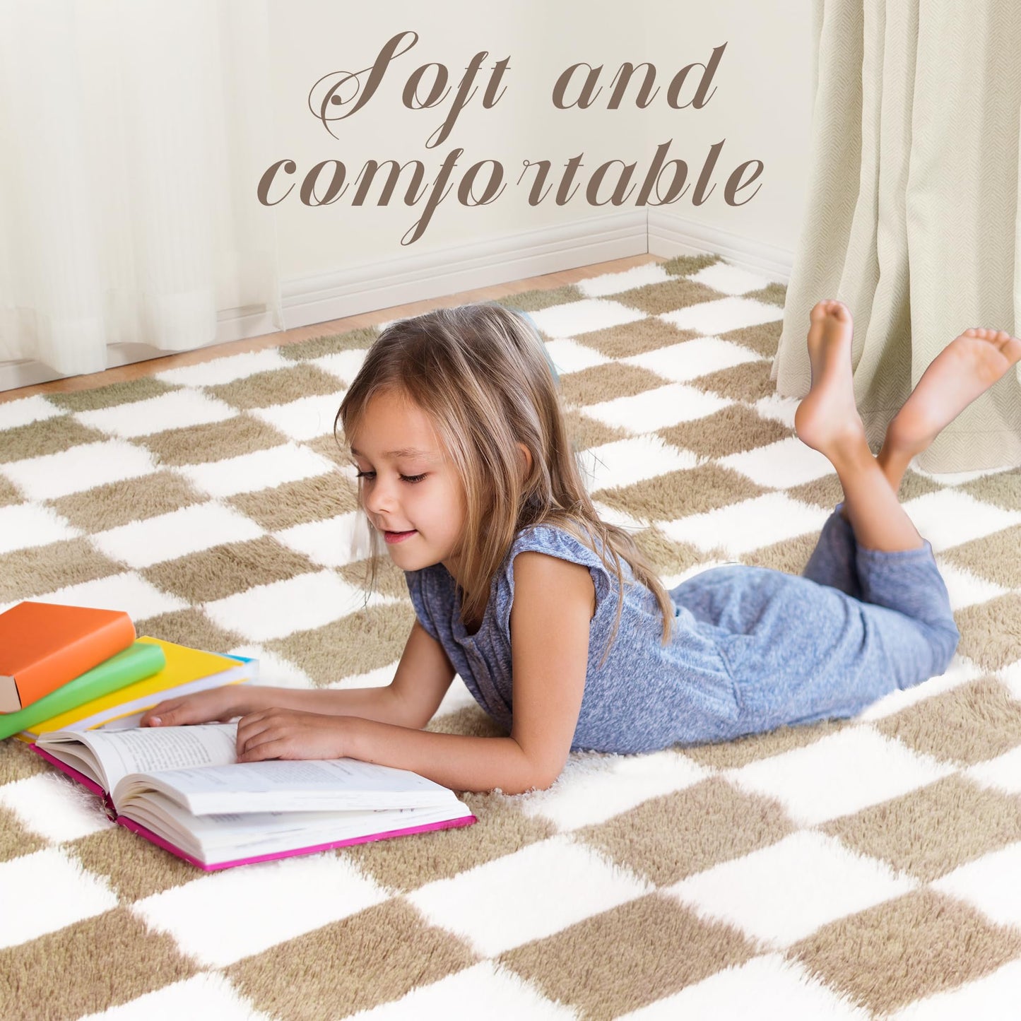 Super Soft Rug for Bedroom, 5x8 Ft Beige and White Area Rug Classic Checkered Shaggy Anti-Skid High Pile Soft Fluffy Rug Fuzzy Carpet for Living Room Bedroom Kids Room Nursery, Dorm Home Decor