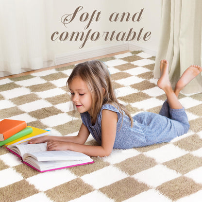Super Soft Rug for Bedroom, 5x8 Ft Beige and White Area Rug Classic Checkered Shaggy Anti-Skid High Pile Soft Fluffy Rug Fuzzy Carpet for Living Room Bedroom Kids Room Nursery, Dorm Home Decor
