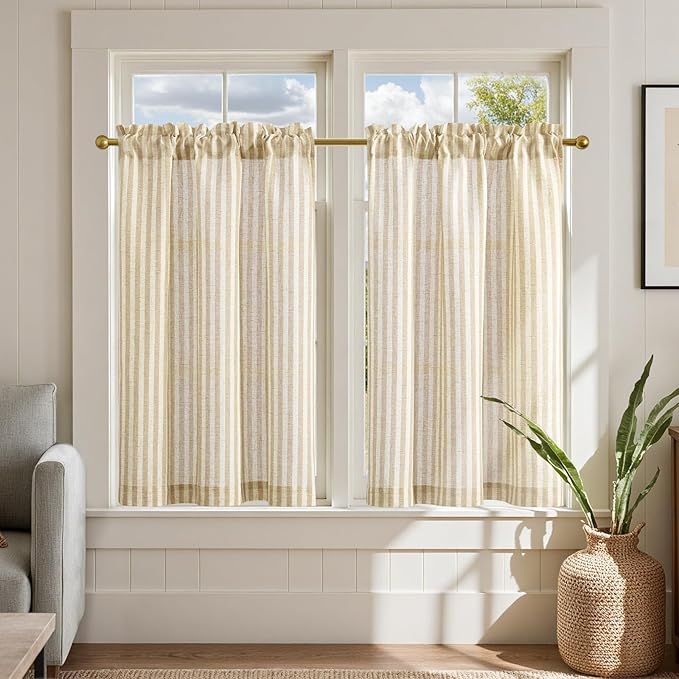 jinchan Linen Kitchen Curtains Striped Tier Ticking Stripe Pinstripe Cafe 36 Inch Length for Living Room Bathroom Farmhouse Rustic Curtains Rod Pocket 2 Panels Beige