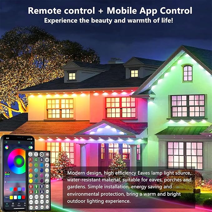 65.6FT Permanent Outdoor RGB Lights,IP67 Waterproof Smart LED Eaves Lights with App/Remote Control,for Christmas and All Holiday Decor,Daily and Accent Lighting,House Roof and Garden Lighting