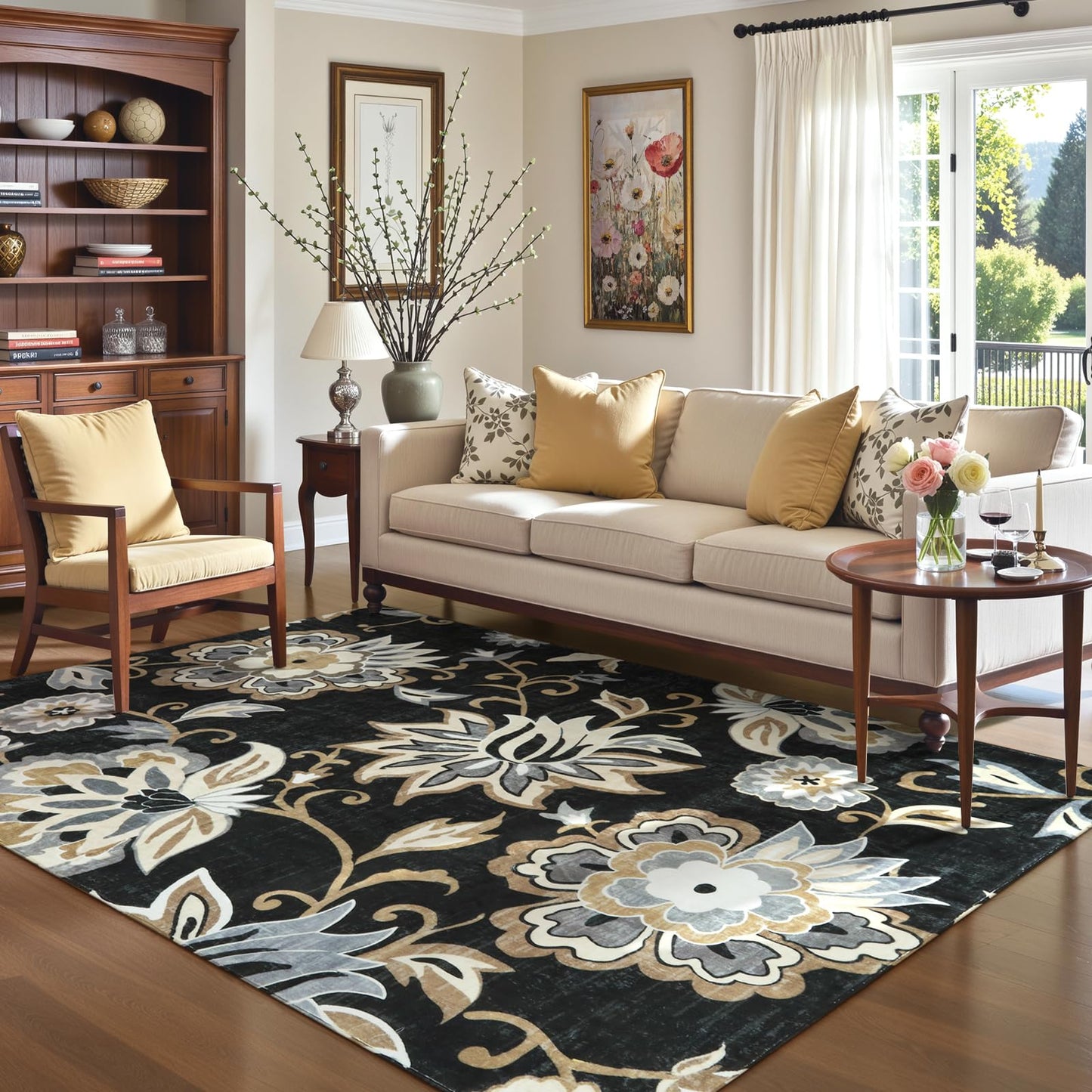 Lahome Floral Black Washable Area Rug 4x6, Non-Slip Ultra-Thin Soft Accent Stain Resistant Indoor Area Rug, Paisley Print Carpet for Bedroom, Living Room, Entryway, Kitchen, Laundry