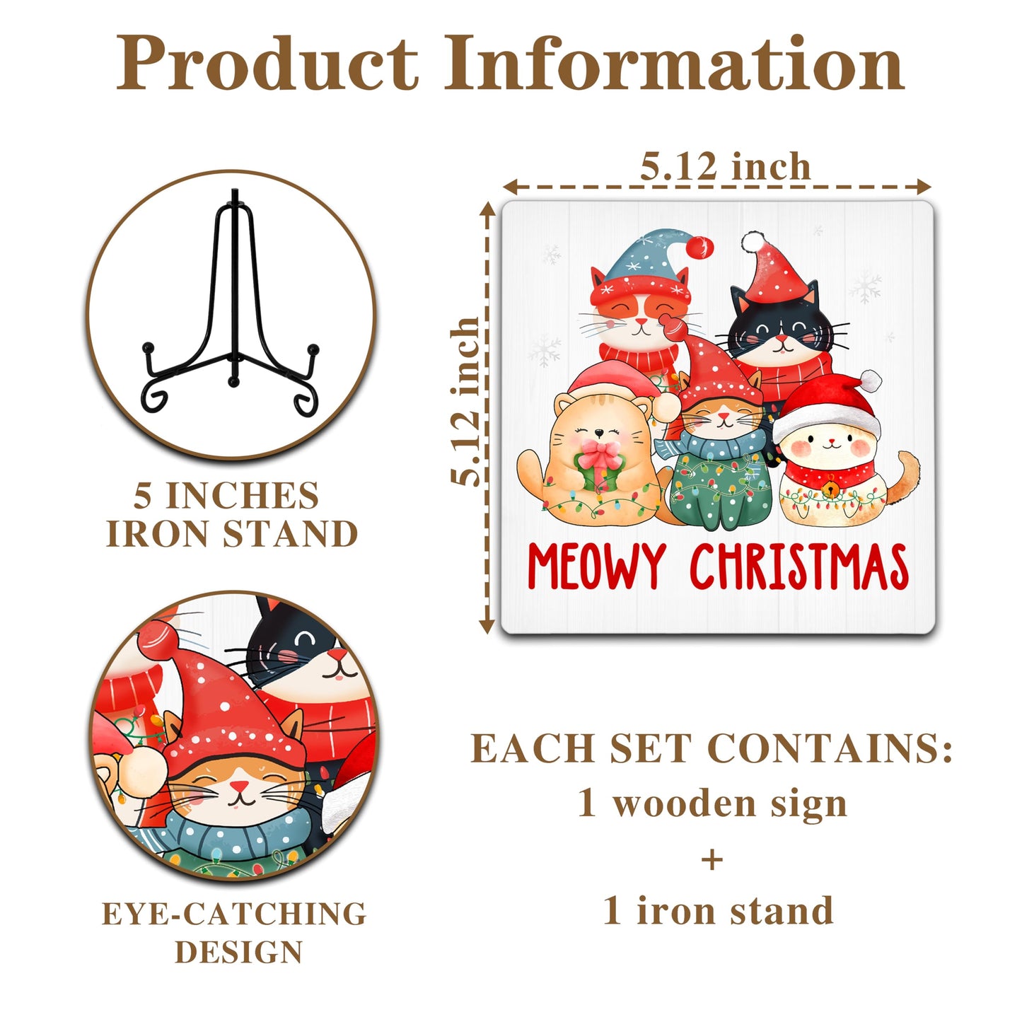 Cazhes Cute Christmas Cat Wooden Decor, Meowy Christmas Decorations for Home Bedroom, 5x5 Inches Xmas Sign with Iron Stand, Cat Lover Birthday New Year Gifts-G10