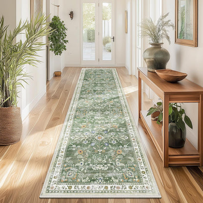 Yamaziot Washable Runner Rug 2x8 – Non Slip Boho Floral Hallway Runner Rug with Rubber Backing, Low Pile Wool Distressed Carpet for Kitchen, Laundry, Bedroom, Entrance, Mottled Green