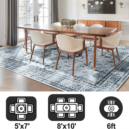 BESTSWEETIE 8x10 Area Rug for Living Room Washable Rugs No Pile Carpet for Entryway Bedroom Dinning Room Playroom Vintage Boho Carpet Print Distressed Non-Slip, 8 x 10 ft, Gray Black