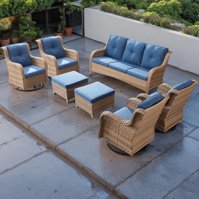 Rilyson Patio Furniture Swivel Chairs Set - 7 Piece Wicker Rattan Outdoor Sectional Conversation Sets with 4 Swivel Rocking Chairs,2 Ottomans and 1 Sofa for Porch Deck Garden(Yellow/Blue)