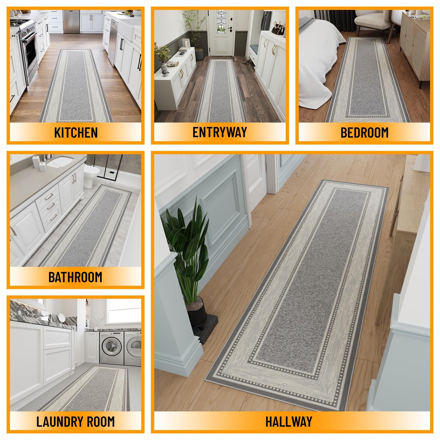 Ottomanson Hallway Runner Rug 2'7" x 9'6" – Non Slip Rubber Backed Carpet Runner for Hallways, Entryway, Living Room, Long Low Pile Indoor Floor Runner Rug, Border Light Gray