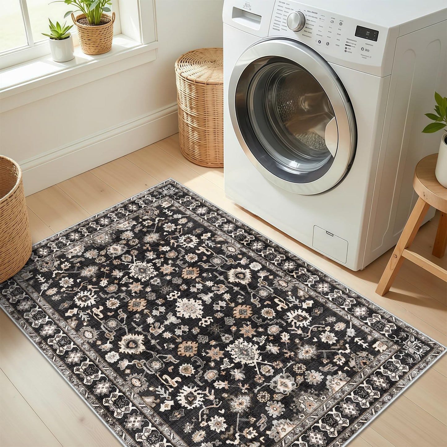 Washable 2x3 Area Rug for Entry Bathroom Kitchen Bedroom Carpet - Indoor Soft Non Slip Low Pile Throw Small Door mat - Protect Hardwood and Laminate Flooring Floral Farmhouse Decor 2x3 Black