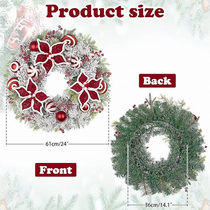 24 inch Christmas Door Wreath, Poinsettia Wreaths for Front Door with Candy Cane Red and White Ball Berries for Fireplace Xmas Decorations, Wall Window Indoor Outdoor Decor