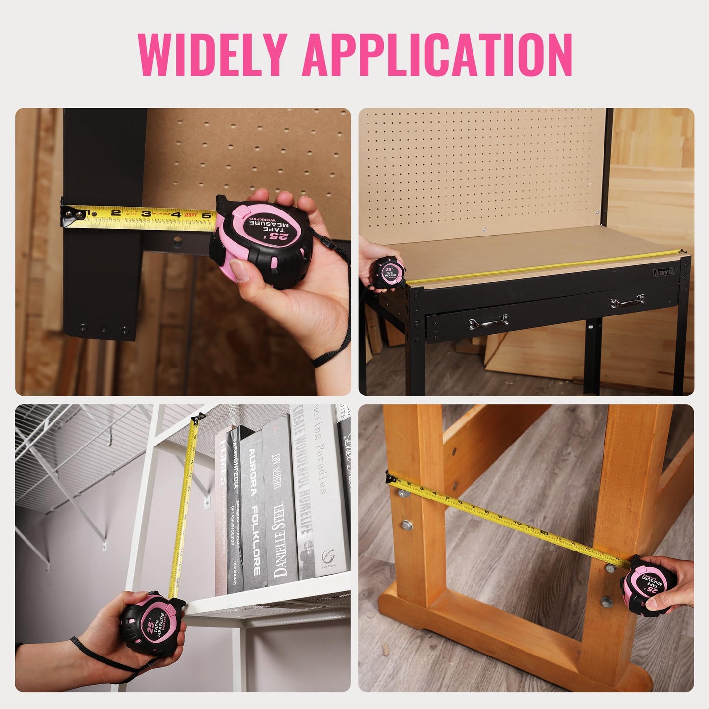 WORKPRO 25-FT Tape Measure with Fractions, 3 Brakes Retractable Measuring Tape, Compact Measurement Tape with Magnetic Hook, Nylon Coating Blade Accuracy 1/32”, Pink