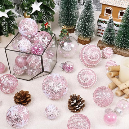 Super Holiday Christmas Ball Ornaments, 33PCS Pink Clear Shatterproof Plastic Foam Ornaments Set for Hanging Xmas Tree Holiday Thanksgiving Valentine's Day Party Decor.