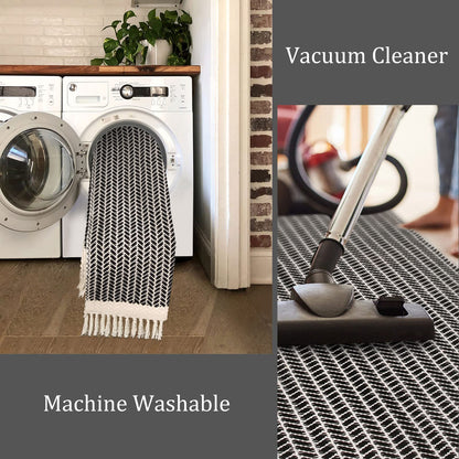 Lahome Belle Boho Bathroom Rugs, Small 2x3 Front Door Mat Lightweight Kitchen Rug Woven Cotton Area Rug with Tassels, Farmhouse Washable Black and White Throw Rug Low Pile Carpet for Entry Laundry