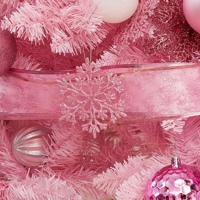 SY CRAFT 86 Pieces of Assorted Shatterproof Christmas Ball Snowflake Ornaments Seasonal Decorative Hanging Ornament Set with Hand-held Gift Package for Xmas Tree Decorations (86PCS, Pink)
