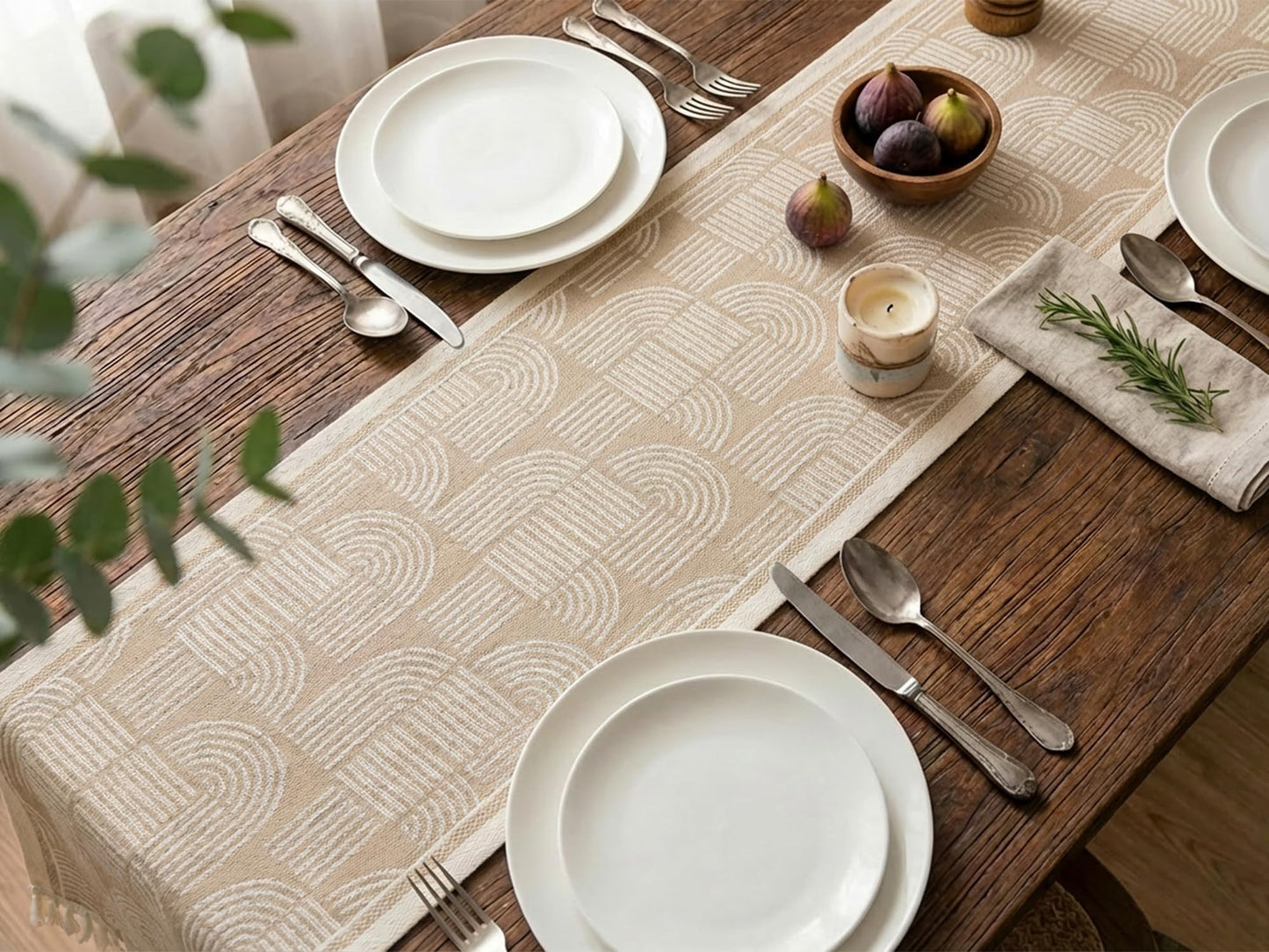 FEXIA Farmhouse Table Runner with Tassels 72 Inch Thick Woven Rustic Table Decoration, Pottery Barn Style Furniture Decor, Burlap Macrame Texture for Living Room Entryway, Beige (13x72 Inch)