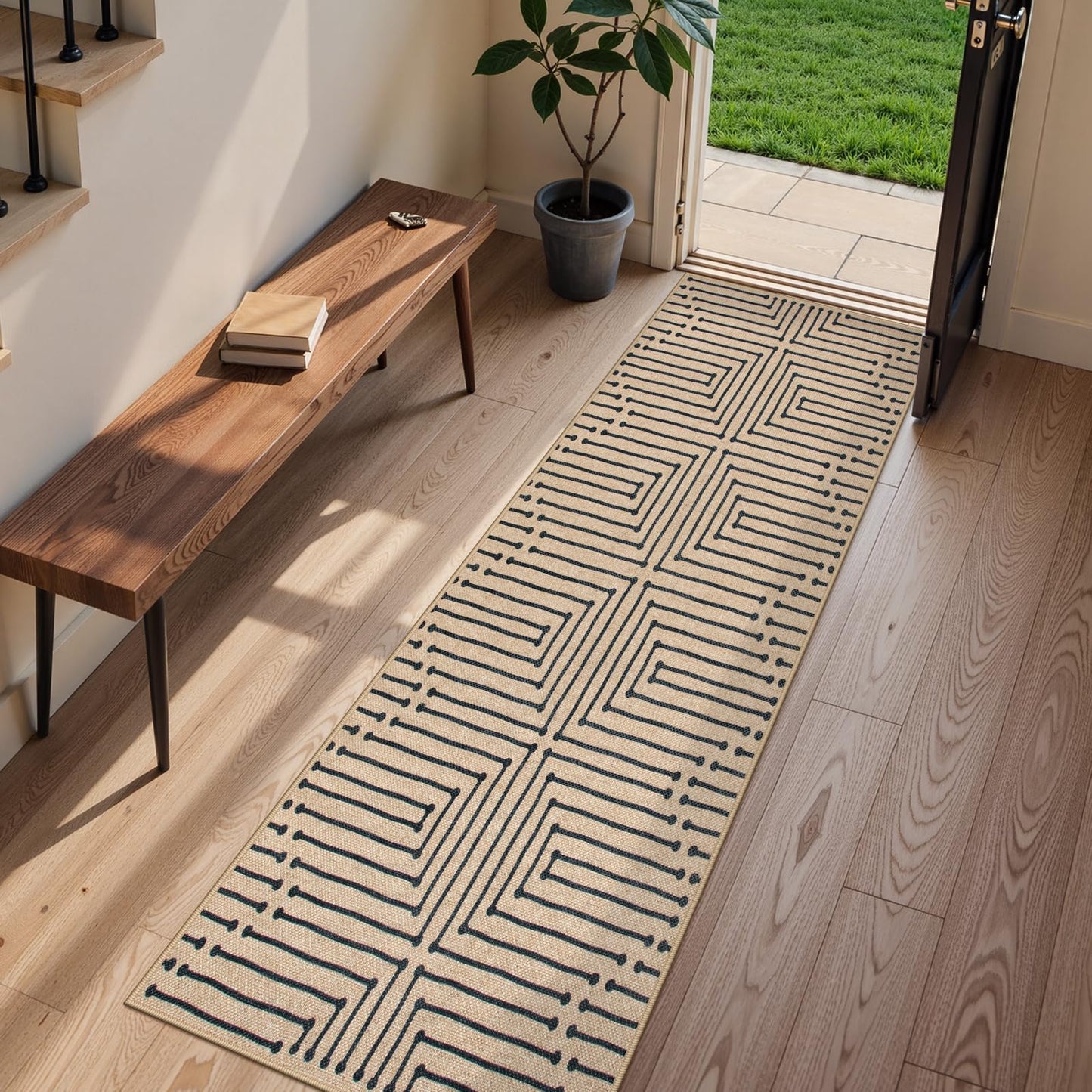 Lahome Maze Lines Easy Jute Runners for Hallways, 2x8 Washable Rug Runner Non Slip Stain Resistant, Farmhouse Low Pile Indoor Outdoor Carpet for Indoor Entryway Laundry Kitchen