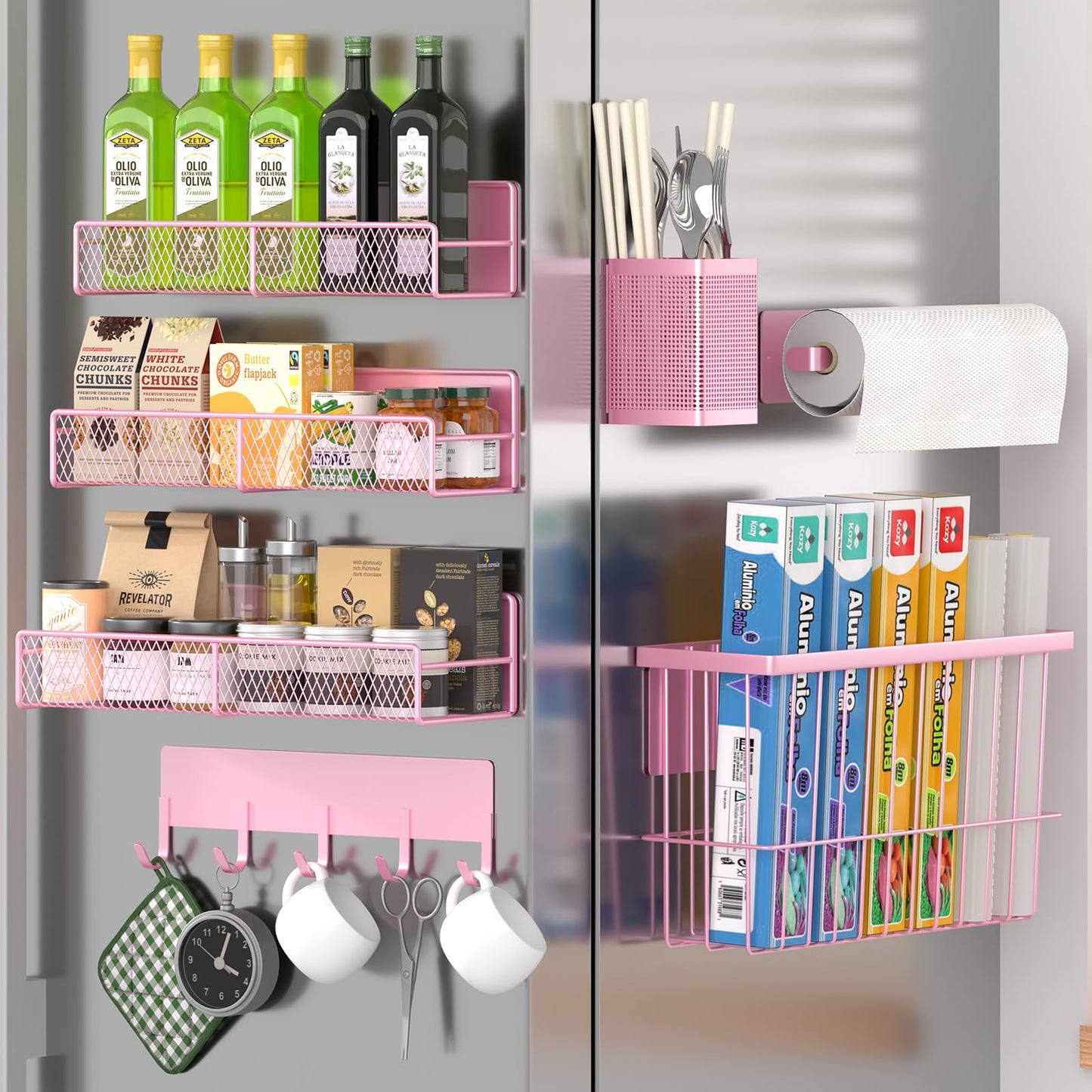 Magnetic Spice Rack for Refrigerator, 6 Pack 100% Metal Strong Magnet Shelf, Space Saving Spice Organizer, Home Kitchen Laundry Room Storage Organization W/ Paper Towel Holder, Utensils Racks (Grey)