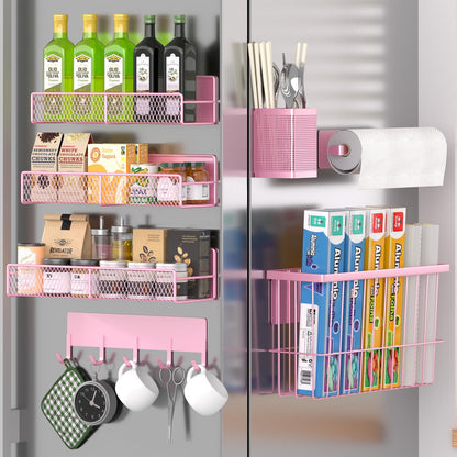 Magnetic Spice Rack for Refrigerator, 6 Pack 100% Metal Strong Magnet Shelf, Space Saving Spice Organizer, Home Kitchen Laundry Room Storage Organization W/ Paper Towel Holder, Utensils Racks (Grey)