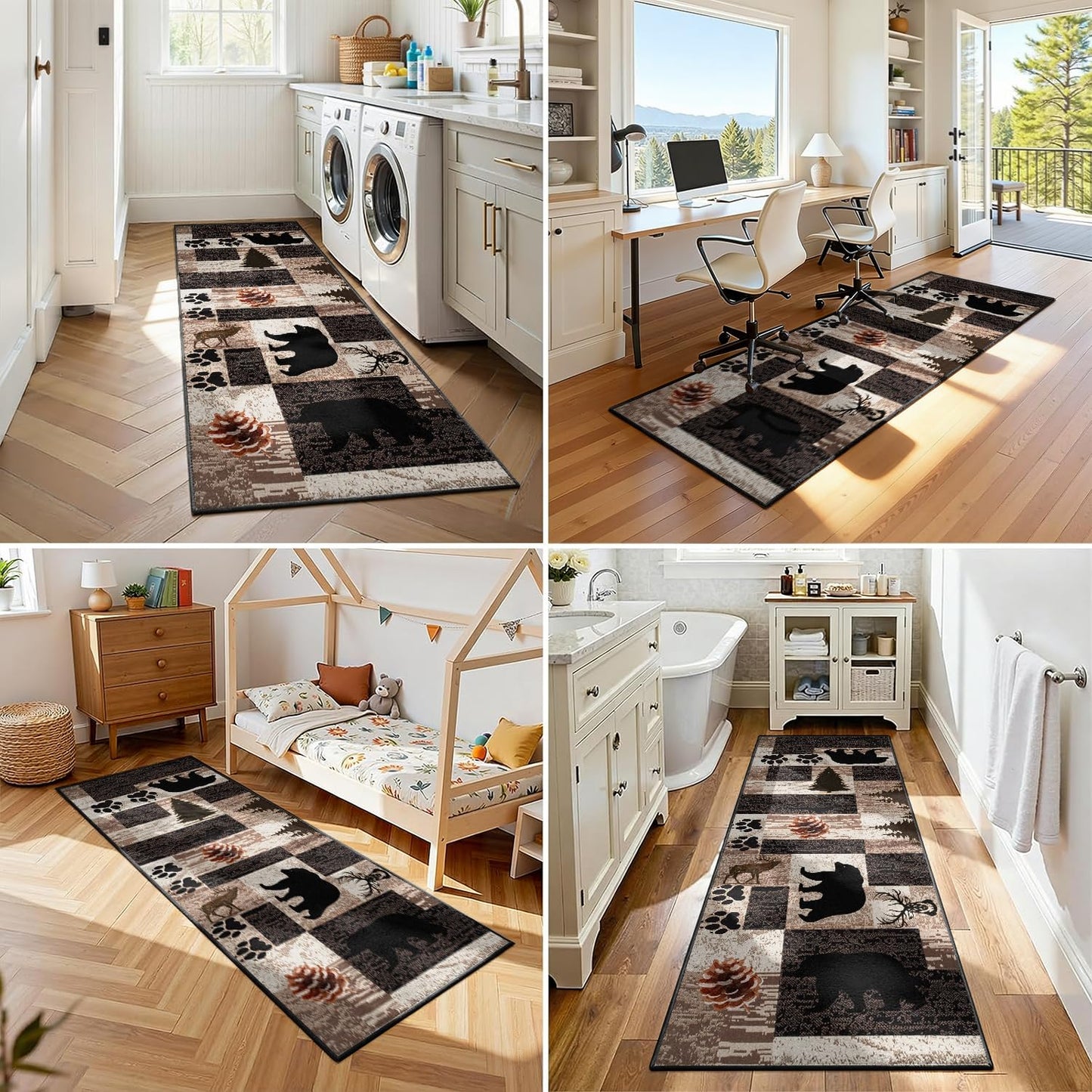 Puyosvr Rustic Lodge Runner Rug,2x7ft,Western Country Bear Elk Deer Wildlife Log Design,Forest Landscape Hunting Theme Rug,with Non Slip Backing Washable Rugs, Non Slip Pet Friendly Rug for Hallway
