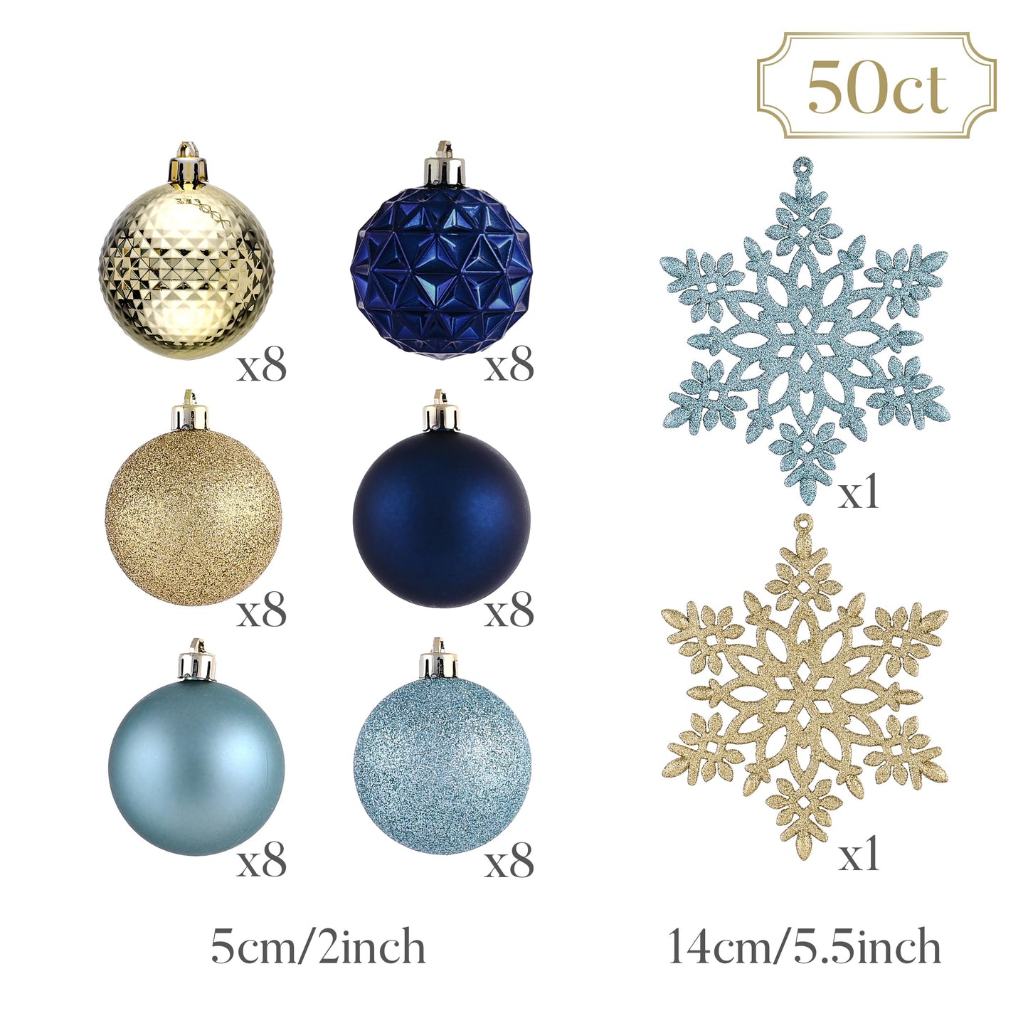 Valery Madelyn Christmas Tree Decorations Ornament Set, 50ct 2 Inches Blue and Gold Shatterproof Christmas Ball Ornaments Hanging Xmas Holiday Party Decor
