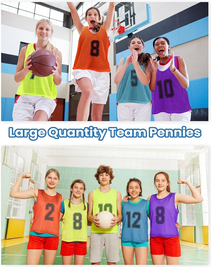 Suhine Youth Basketball Pinnies - 48 Pcs Nylon Mesh Scrimmage Vests | Numbered Practice Jerseys