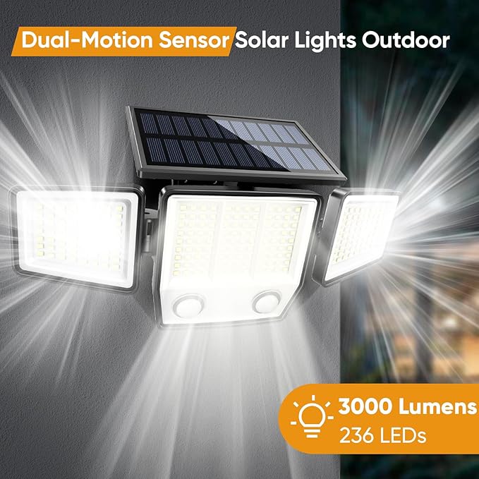 Solar Motion Sensor Outdoor Lights Waterproof - 3000LM 3 Modes Security Lights Outdoor 270° Illumination IP65 LED Solar Flood Wall Light for Garden Yard Patio Pathway (With ‎Remote Control, 2)