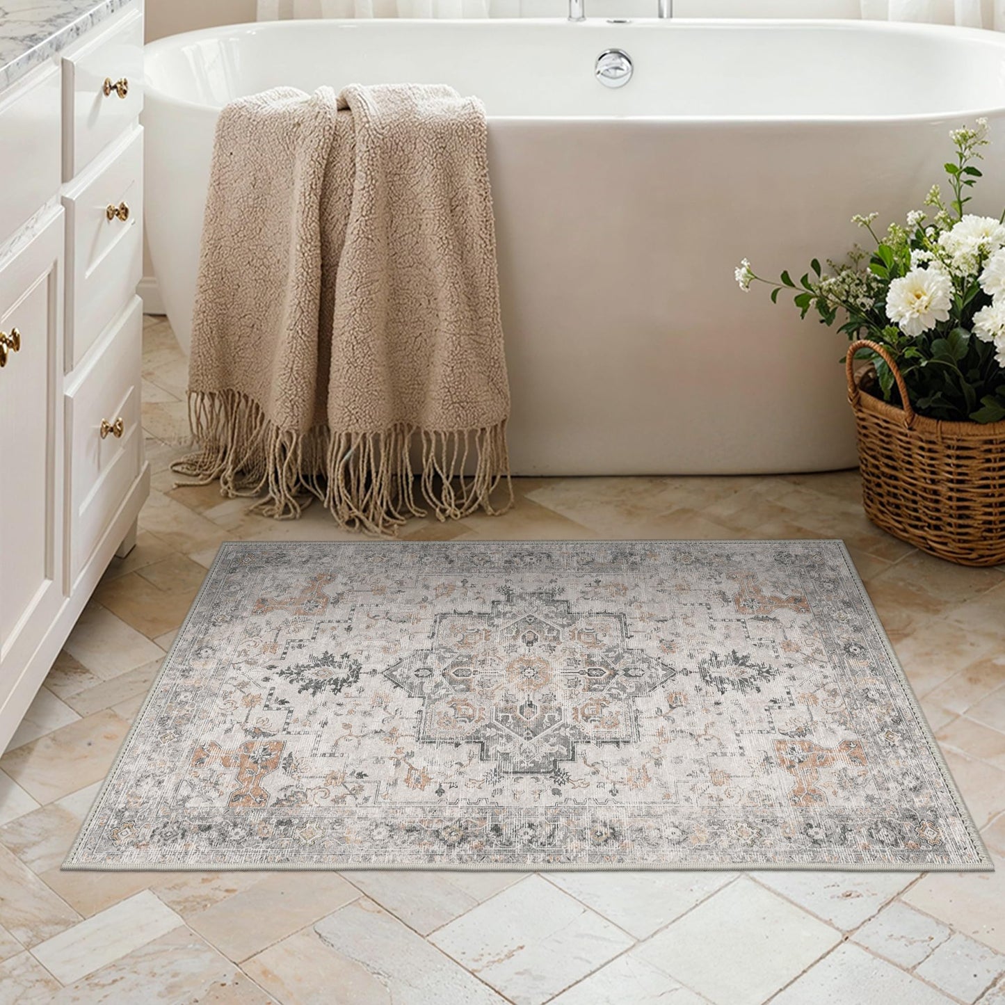 BESBLEE Area Rug 2x3 Doormat, Machine Washable Low Pile Rugs, Small Retro Entryway Mat for Entrance, Hallway, Kitchen and Corridor, Light Taupe Brown