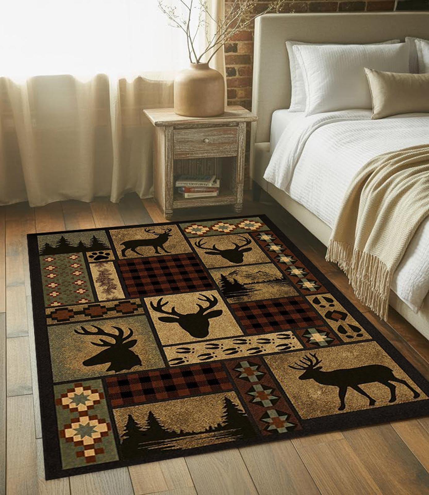 Deer Rug, 3x5 ft Rustic Lodge Cabin Carpet with Buffalo Plaid Wildlife Design, Washable Non Slip Hunting Rug for Living Room Bedroom, Man Cave, Western Farmhouse Decor