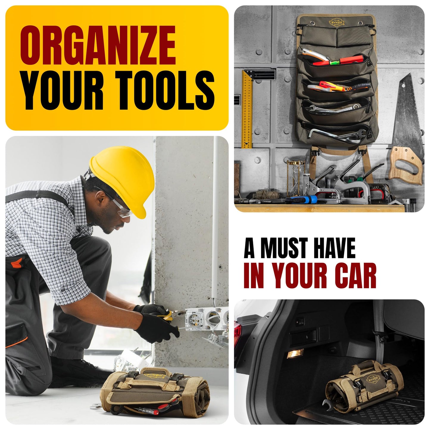 The Ryker Bag Tool Roll Organizer with Detachable Pockets – Heavy Duty Roll-Up ToolBag for Mechanics, Electricians, Plumbers, Contractors, Garage & Job Site Use Gift for Dads (AP-TR)