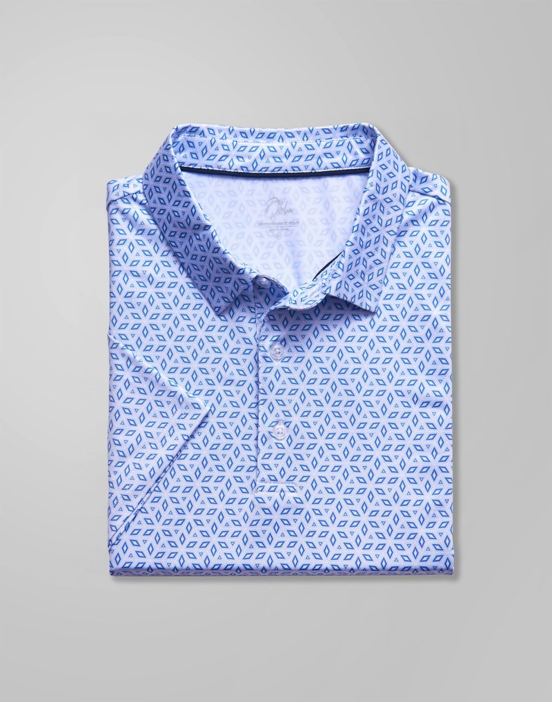 Obla Mens Golf Polo Shirts Short Sleeve Dry Fit Performance Moisture Wicking Casual Print Collared Golf Shirts for Men (Light Blue Diamond_S)