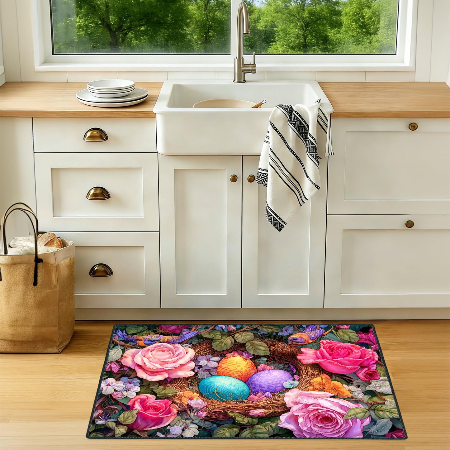2x3FT Area Rug Spring Eggs Floral Birds Nest Indoor Entryway Rug, Washable Non Slip Front Door Rugs for Hallway Foyer Mudroom Apartment