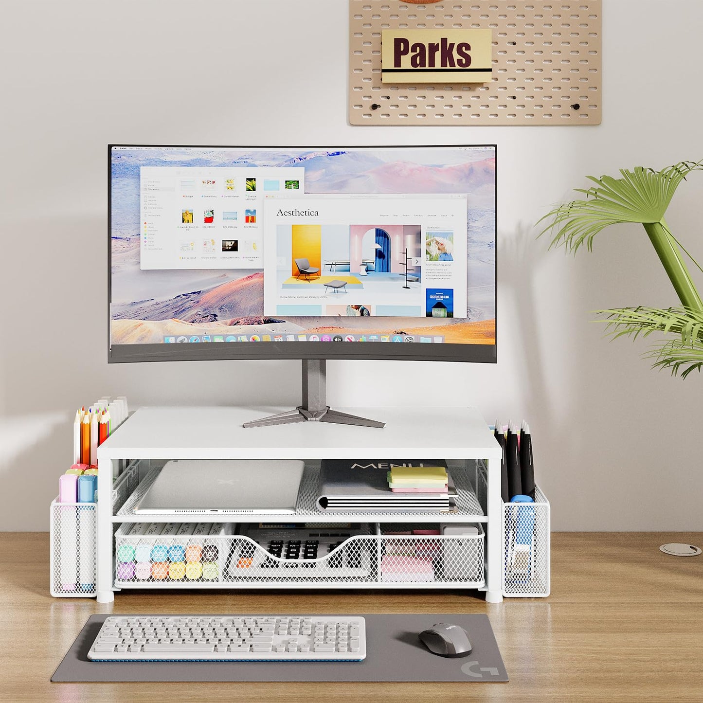 OPNICE Desk Organizers and Accessories, 2-Tier Computer Monitor Stand Riser with Drawer and 2 Pen Holders, Laptop Stand, Office Desk Accessories for Office Supplies, White