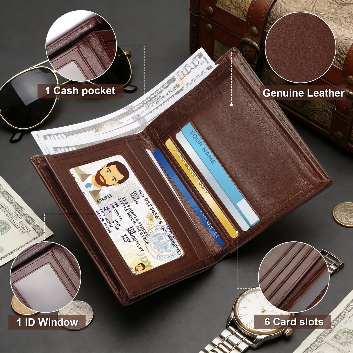 WULOUJIE Men's Leather Bifold Wallet | RFID Blocking 6 Card slot with 1 ID Window Genuine Leather Bi Fold Wallet for Men(Brown) (brown)