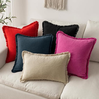 MIULEE Decorative Throw Pillow Covers Neutral Linen Fringe Throw Pillows Set of 2 Hot Pink Boho Farmhouse Cushion Covers with Tassels for Couch Sofa Bed Living Room Spring Home Decor 18x18 Inch