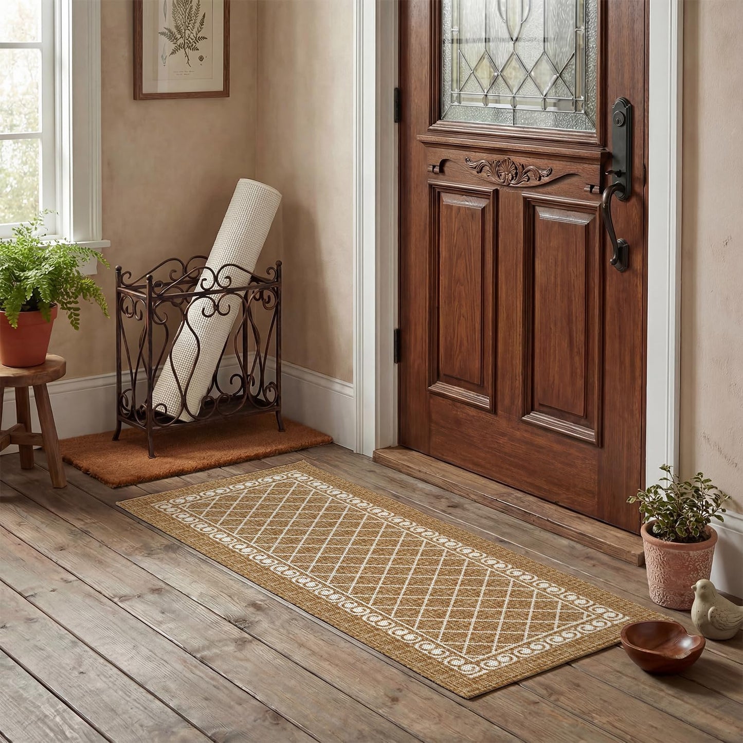 Artoid Mode Beige Washable Diamond Stripe Retro Doormat, Non Slip Absorbent Natural Rubber Back Door Mat Floor Mat 17x47 Inch