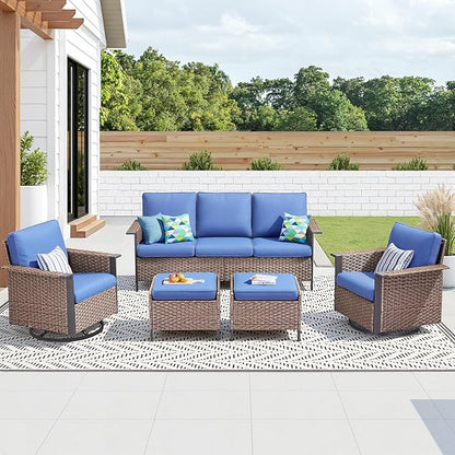 Outdoor Patio Furniture Set-5 Pieces All-Weather Wicker Patio Furniture with Outdoor Swivel Rocking Chairs Set of 2,Outdoor Patio Conversation Sets for Garden Porch Deck Brown/Blue