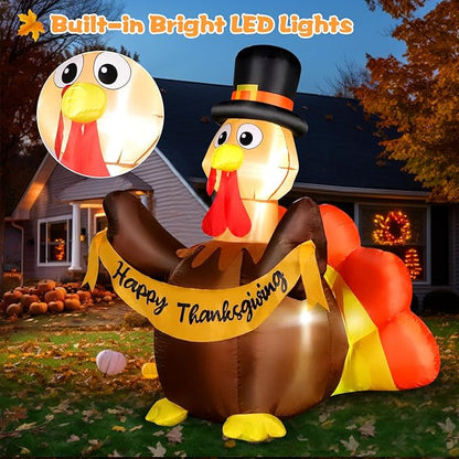 6FT Thanksgiving Inflatables Turkey Outdoor Decorations, Blow Up Turkey with Colorful Tail & Pilgrim Hat Built-in LED Lights for Family Lawn Yard Garden Fall Party House Harvest Holiday Decor
