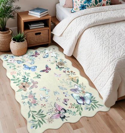 Rugalia Washable Scalloped Butterfly Area Rug, 3x5 Beige Indoor Entryway Rug Soft Non-Slip Boho Kitchen Rugs, Ultra Thin Botanical Floral Throw Carpet for Living Room Bedroom Nursery Foyer