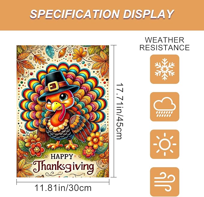 Thanksgiving Garden Flag Cute Turkey Pilgrim Hat 12x18 Inch Seasonals Outdoor Yard Banner Double Sided Fall Autumns Flags Decor For Girls or boys gifts Decrations Flags