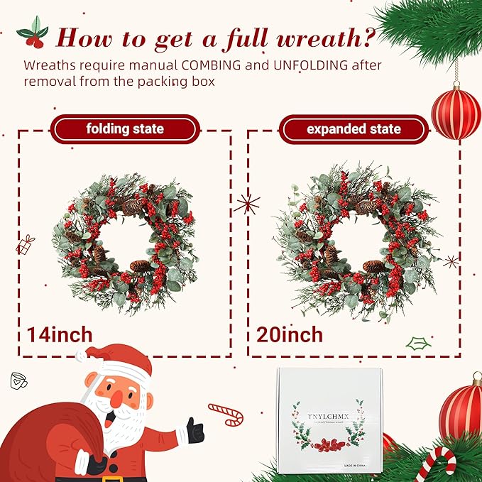 YNYLCHMX 22 Inch Winter Wreath for Front Door, Winter Wreath with Eucalyptus Leaves Red Berry Pine Cones Pine Needle, Artificial Door Wreaths for Indoor Farmhouse Holiday Decoration