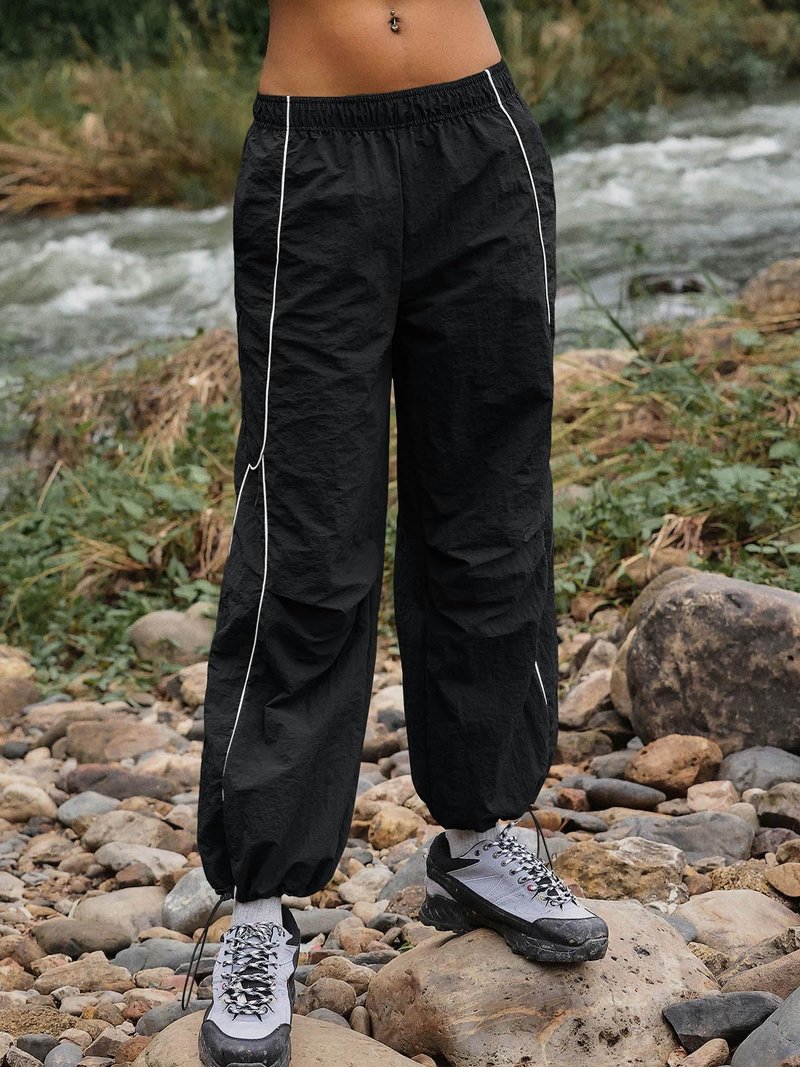 Yousify Womens Baggy Parachute Pants Wide Leg Elastic Waisted Contrast Track Pants Y2K Hiking Jogger Sweatpants with Pockets Black