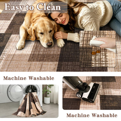 Modern Indoor Area Rug for Living Room, 8x10 Large Low Pile Geometric Patchwork Rug for Bedroom, Dining Room, Office, Hardwood Floors Home Decor, Non-Slip Faux Wool Machine Washable Area Rugs, Brown