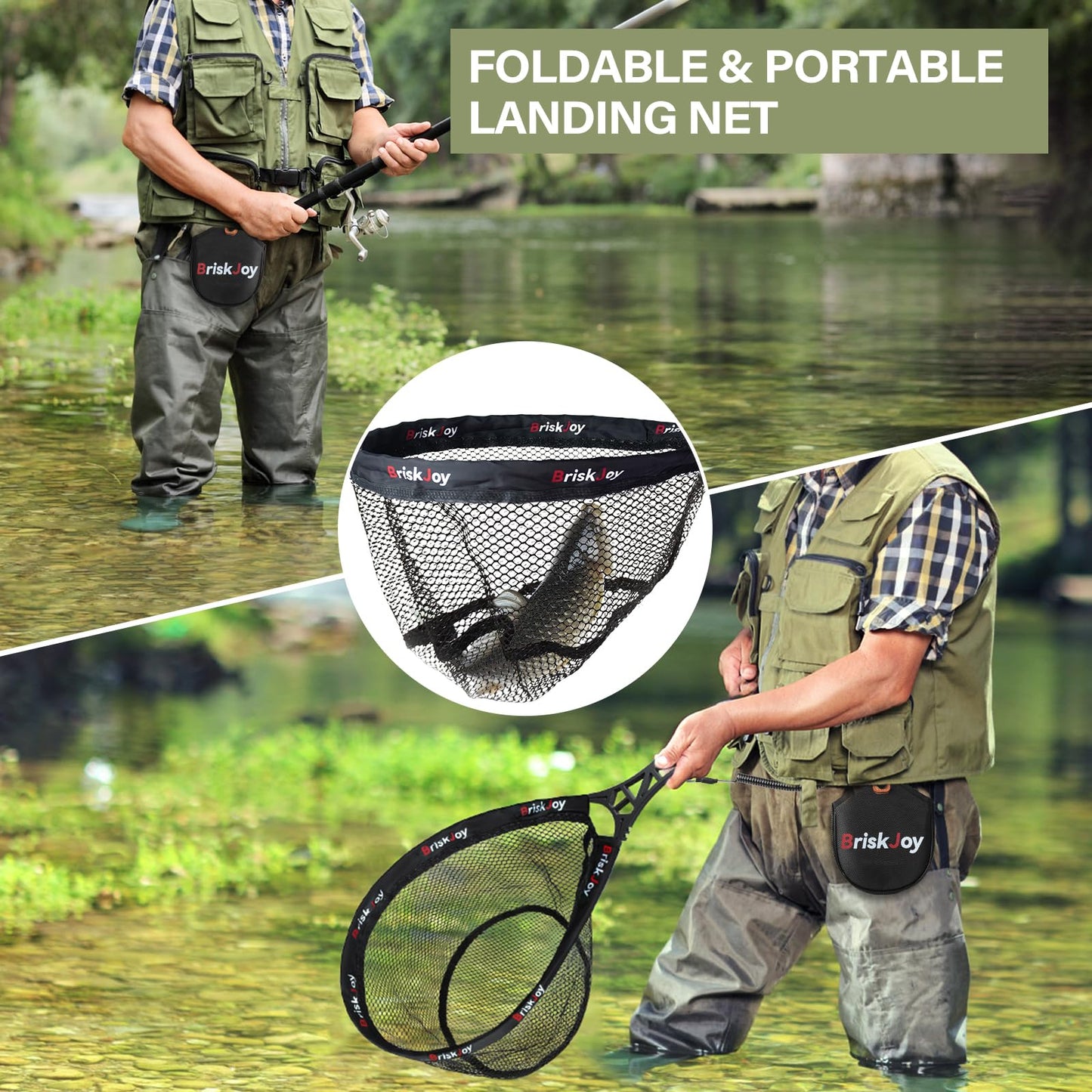 BriskJoy Fly Fishing Net – Foldable Trout Net for Tenkara, Kayak & Wading, Ultralight Hiking & Backpacking Landing Net with Rubber Coated Mesh for Catch and Release, Includes Storage Bag & Lanyard