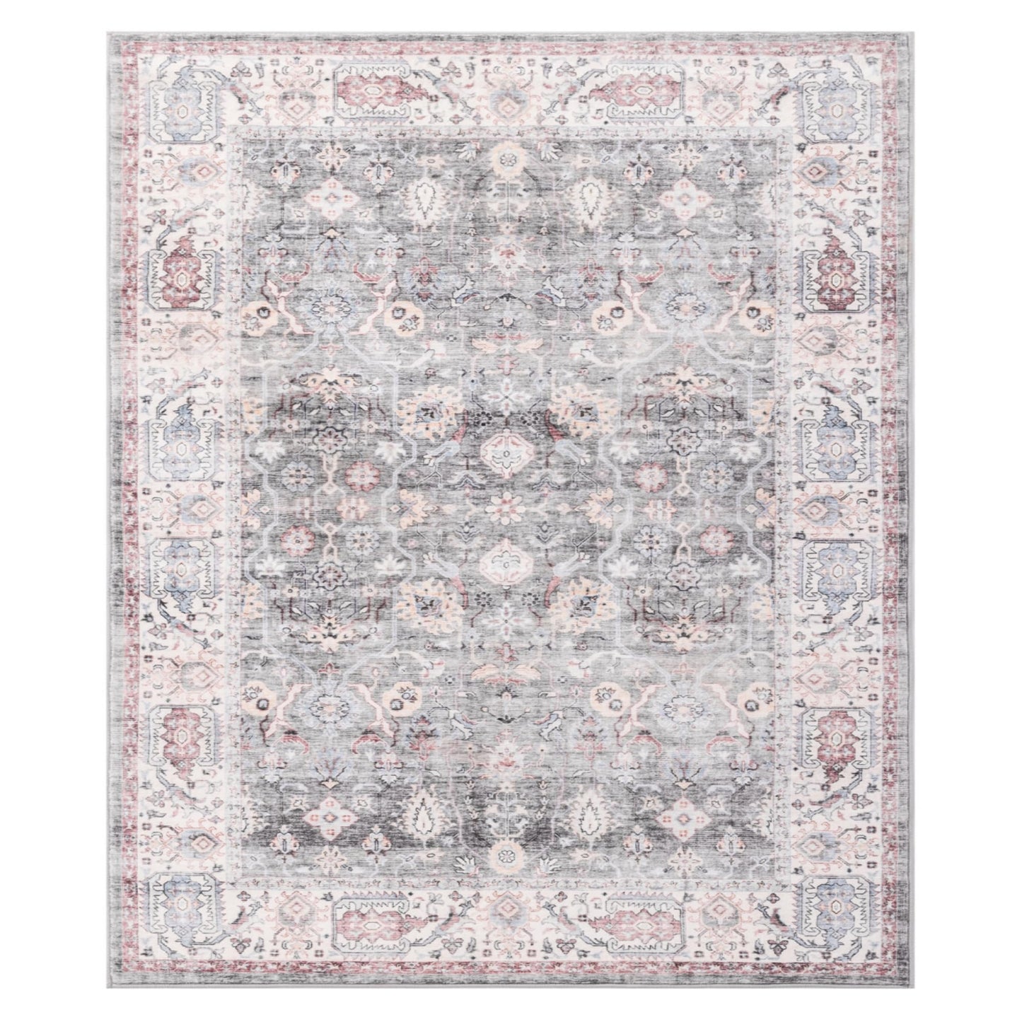 Carvapet 5x7 Area Rug - Gray Pink Vintage Floral Traditional Rectangular Carpet Low Pile, Non Slip Rubber Backing Machine Washable Rugs for Living Room Bedroom