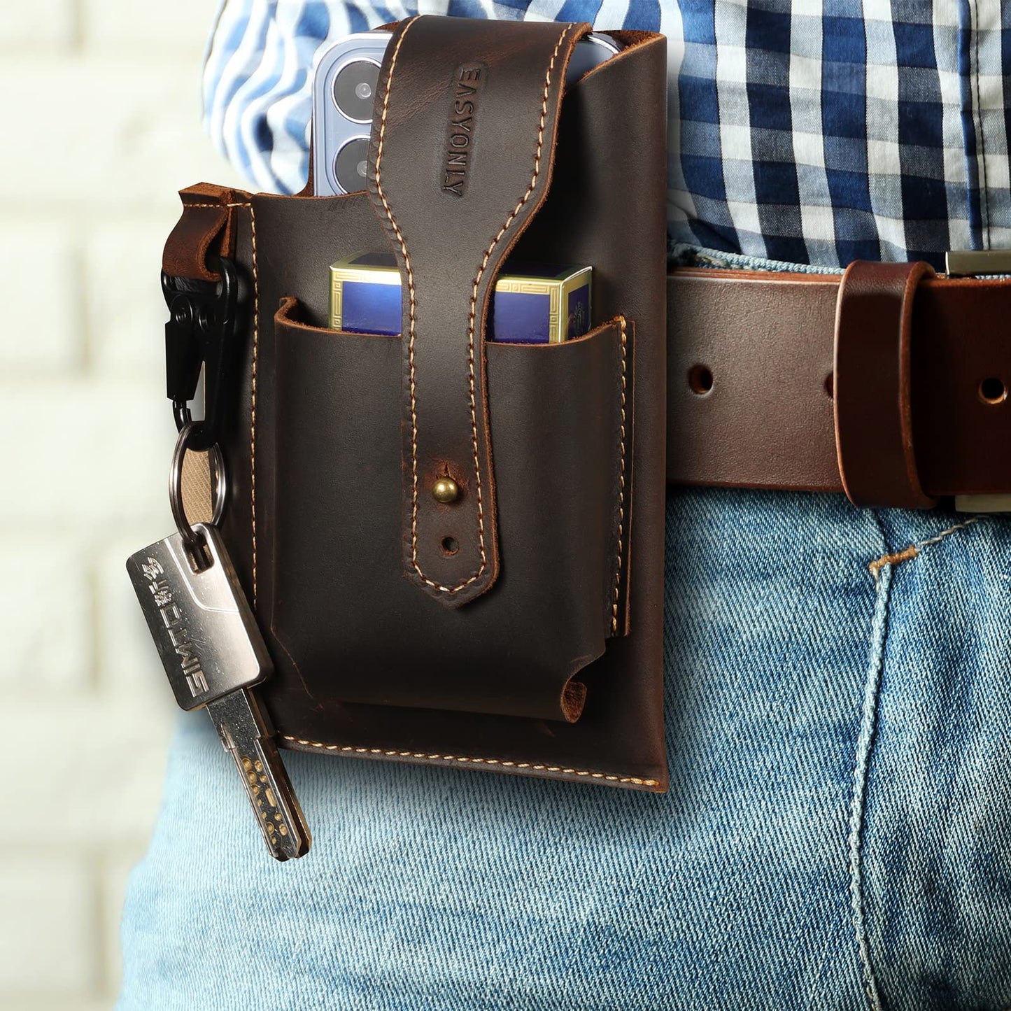 Genuine Leather Phone Holster,Universal Cell Phone Case with Snap Closure & Belt Clip, Leather Pouch for iPhone 16/15/14 Pro Max & Samsung Galaxy S24/S23 Ultra,Universal Belt Pouch for Men with Case