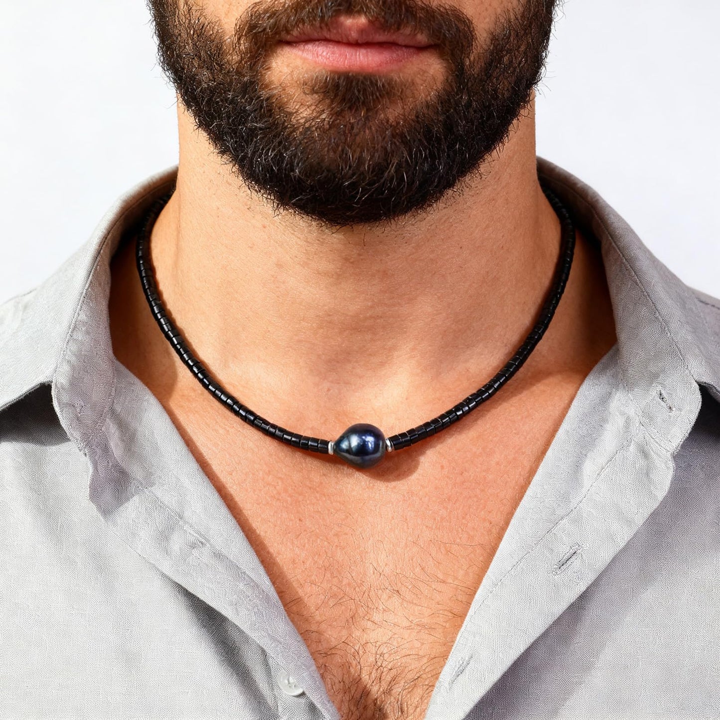 TIYO Mens Necklace Black Pearl Pendant Men’s Beaded Necklace for Men Jewelry Beach Surfer Necklaces for Fathers, Boyfriend, Husbands Gifts (01 black, 18")