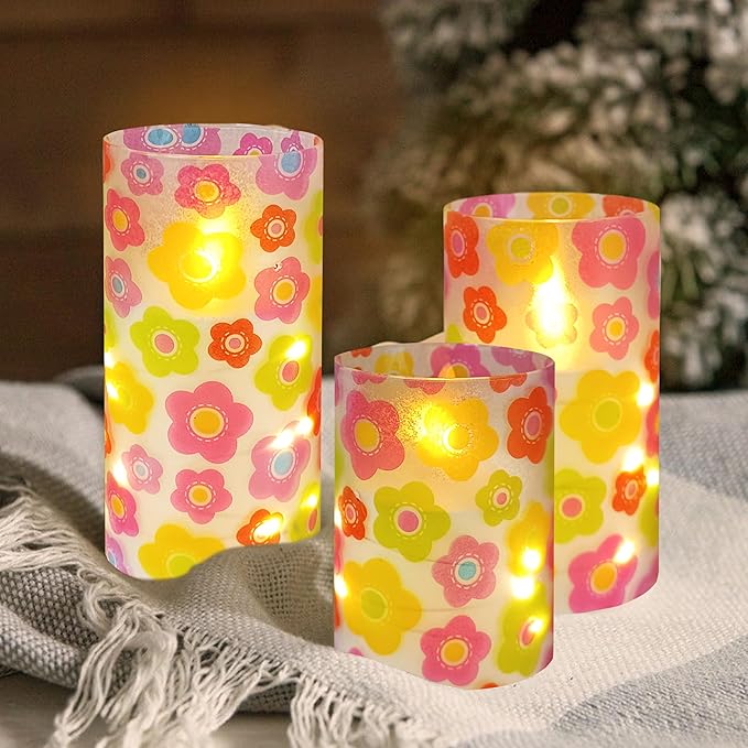Flickering Flameless Candles Cute Colorful Flowers Print Embedded Star String Lights, Battery Operated Acrylic LED Pillar Candles with 11-Key Remote and Timer for Home Decoration, 3 Pack