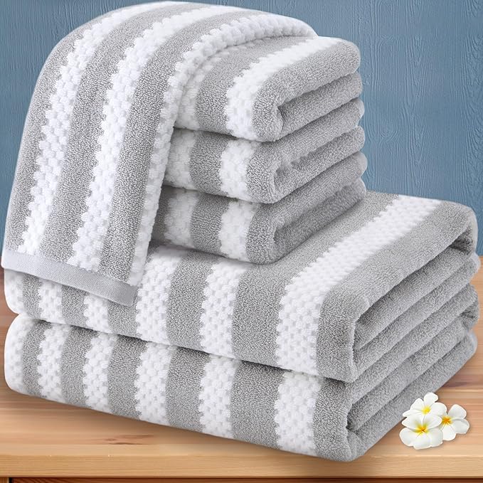 Gray and White Towels, 4 Hand 16"x27", 2 Bath 28"x52"