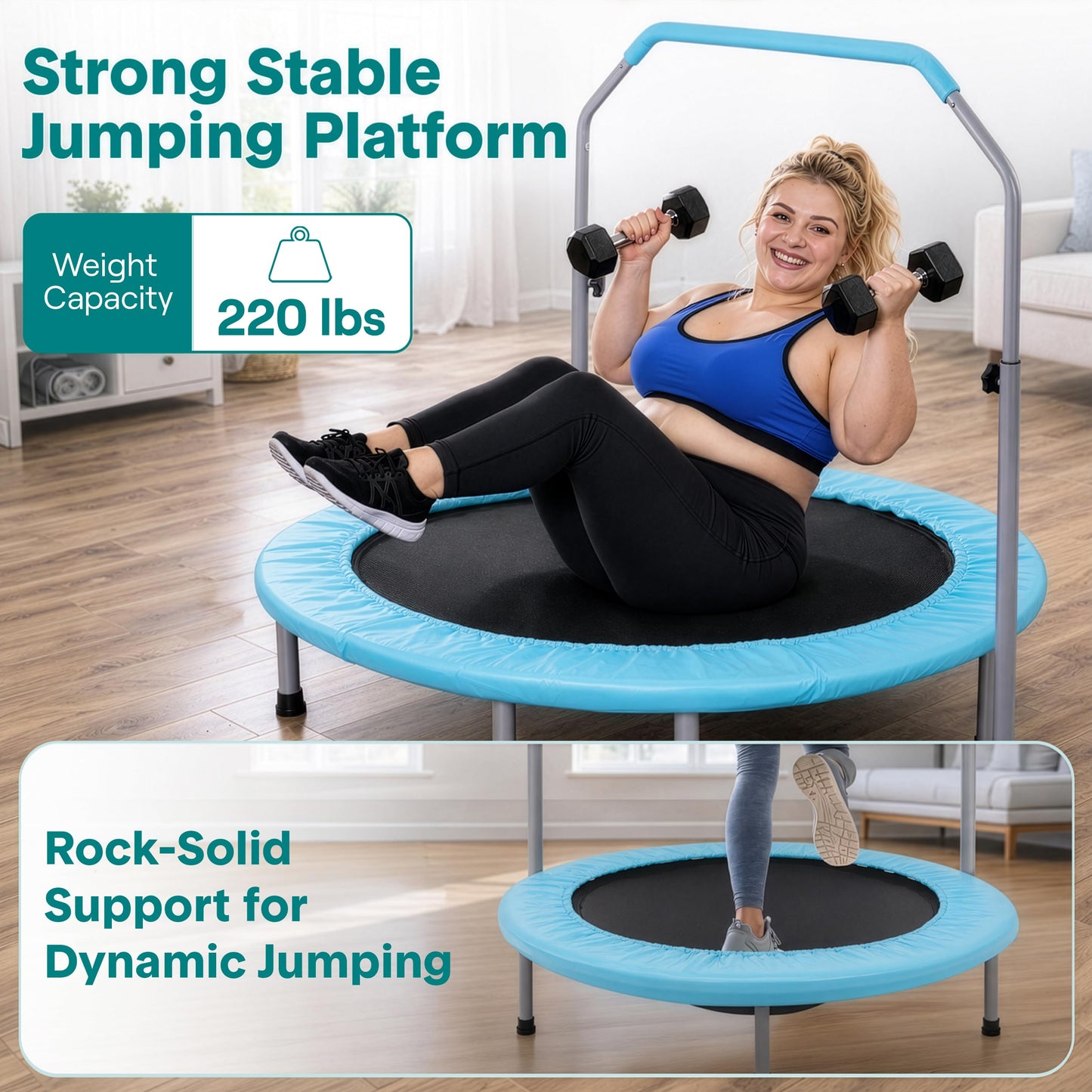 SereneLife 40" Foldable Mini Trampoline - Compact Fitness Trampoline for Kids Adults, Exercise Rebounder with Adjustable Foam Handle, Indoor/Garden Workout Equipment, Max Load 200 lbs, Sky Blue